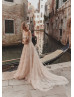 Long Sleeves Blush Lace Tulle Wedding Dress